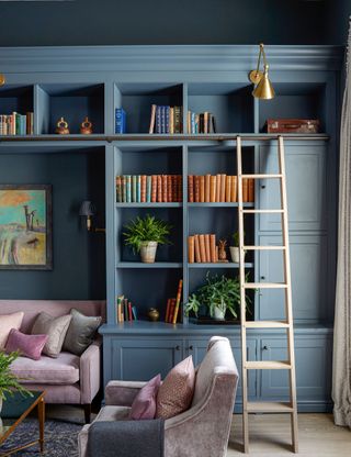 Blue painted bookcase with ladder