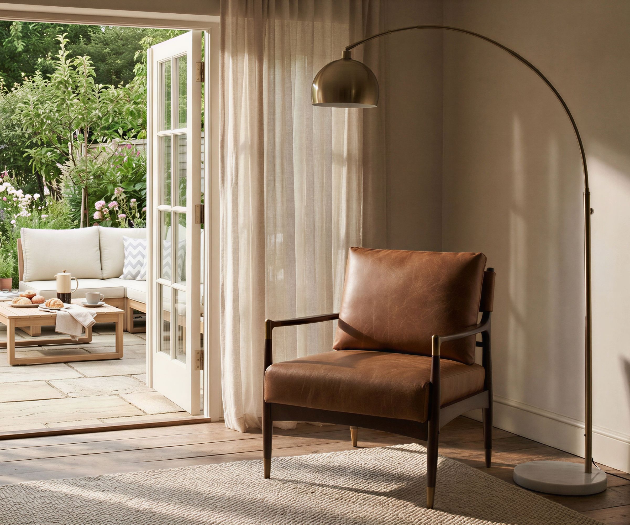 Tan leather armchair under brass arc lamp beside French doors opening to a cream outdoor sofa and garden.