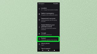 A screenshot from Android showing the Settings menu with 'System' highlighted