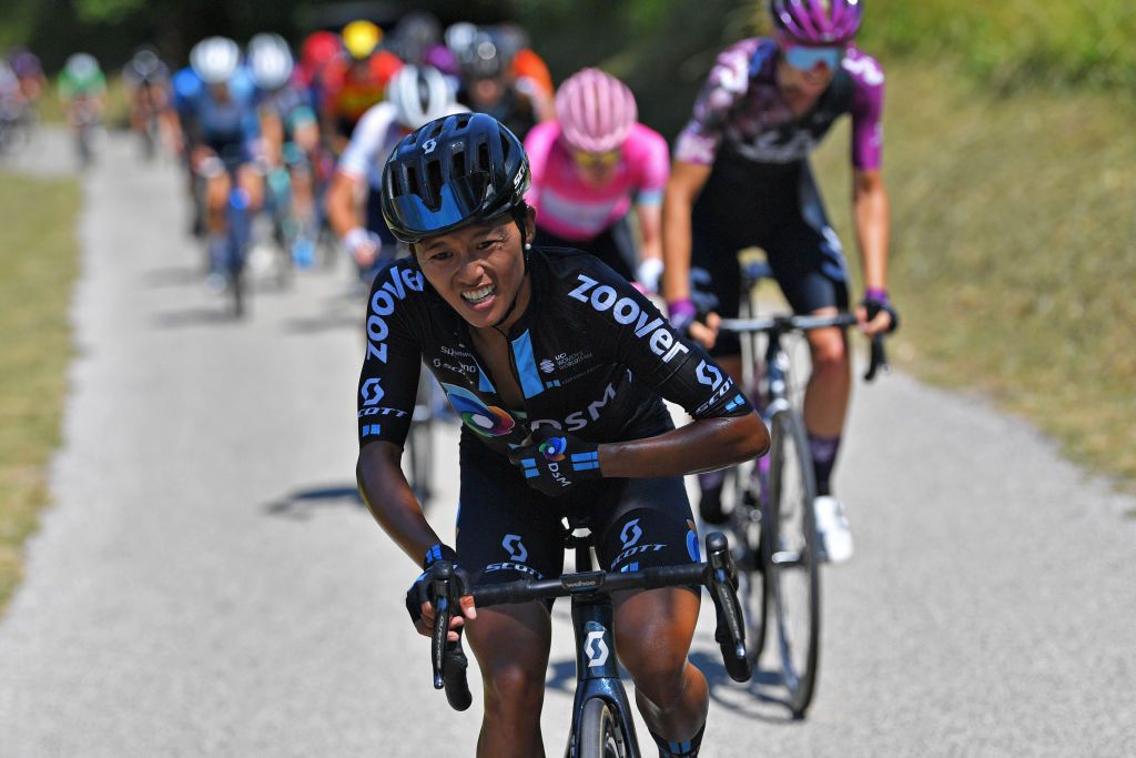 MONTE MATAJUR ITALY JULY 10 Coryn Rivera of United States and Team DSM during the 32nd Giro dItalia Internazionale Femminile 2021 Stage 9 a 1226km stage from FelettoUmberto to Monte Matajur 1267m GiroDonne UCIWWT on July 10 2021 in Monte Matajur Italy Photo by Luc ClaessenGetty Images