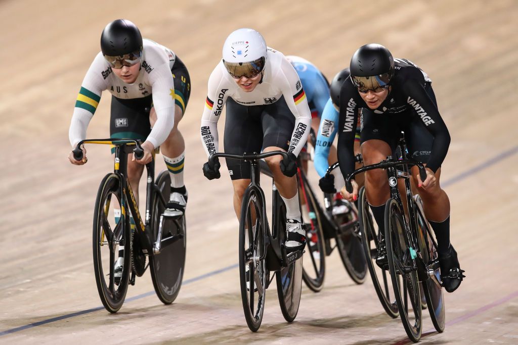 BERLIN GERMANY MARCH 01 Emma Hinze C of Germany competes against Stephanie Morton of Australia and Natasha Hansen of New Zealand at Womens Keirin Quarterfinals during day 5 of the UCI Track Cycling World Championships Berlin at Velodrom on March 01 2020 in Berlin Germany Photo by Maja HitijGetty Images