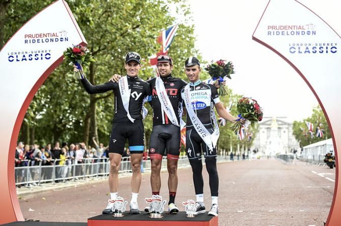 Adam Blythe team NFTO wins the RideLondon Classic ahead of Ben Swift (Team Sky) and Julian Alaphilippe (Omega Pharma-QuickStep)