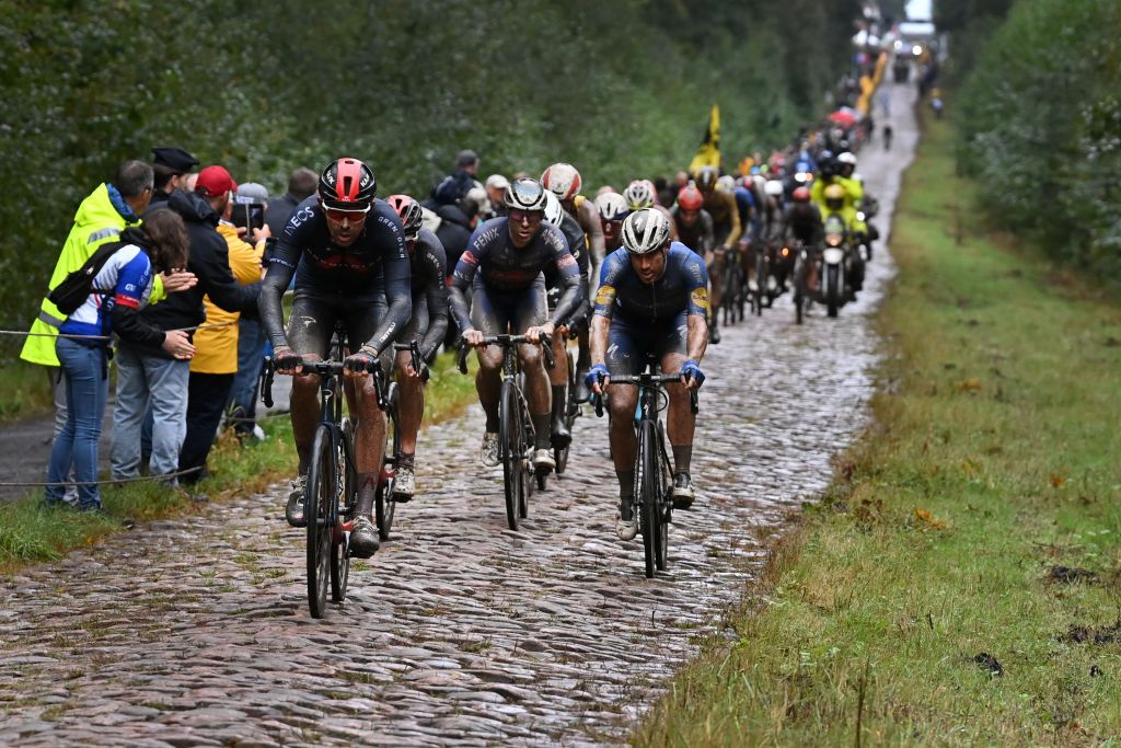 Illustration picture shows the pack of riders in action during the men elite race of the ParisRoubaix cycling event 2577km from Compiegne to Roubaix France on Sunday 03 October 2021 BELGA PHOTO DAVID STOCKMAN Photo by DAVID STOCKMANBELGA MAGAFP via Getty Images