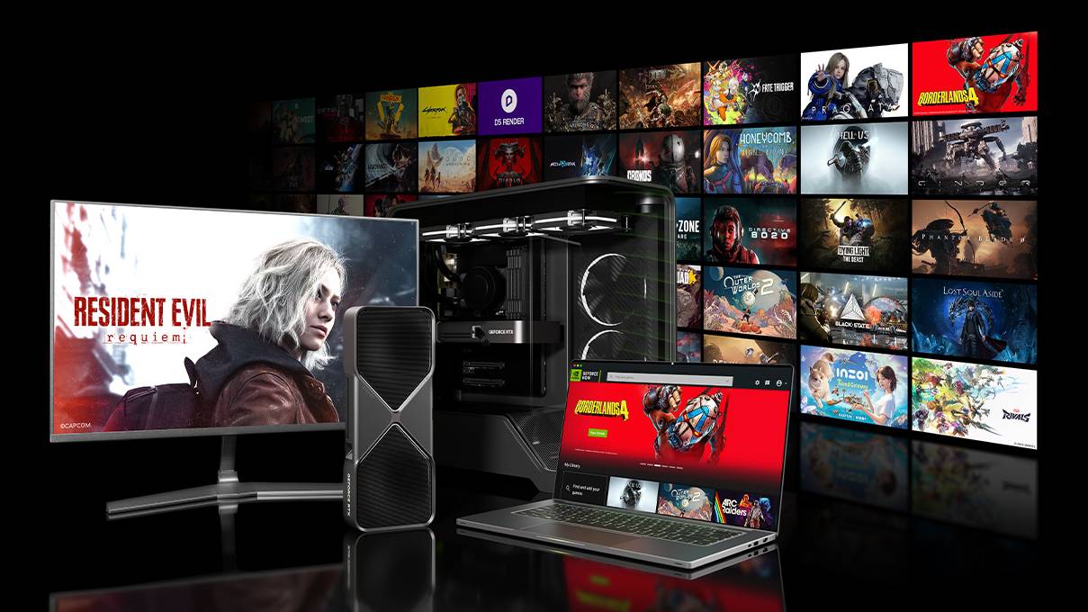 Nvidia RTX gaming concept image with monitor, graphics card and laptop on dark background