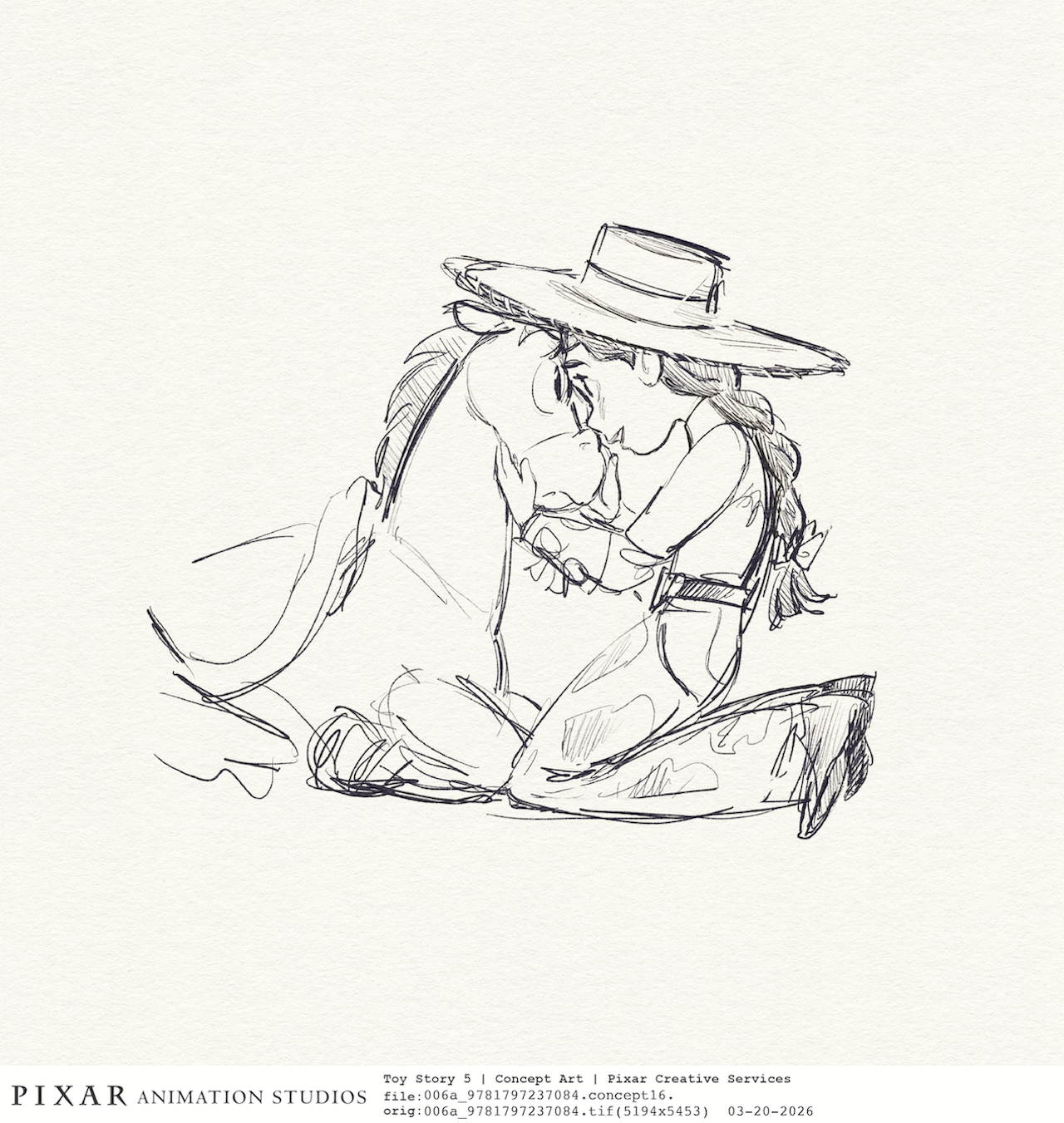 Toy Story 5 concept art drawing of Bullseye and Jessie close to each other