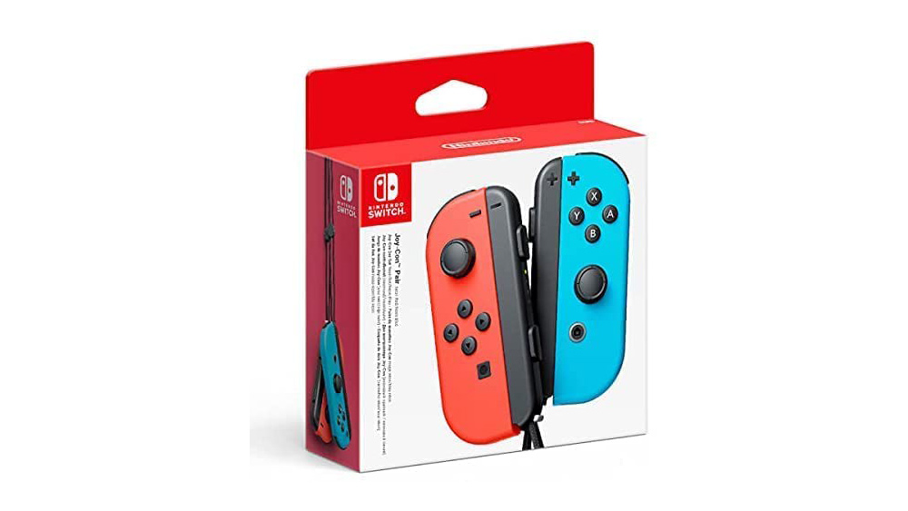 A product shot of the neon red and blue Switch Joy-Cons