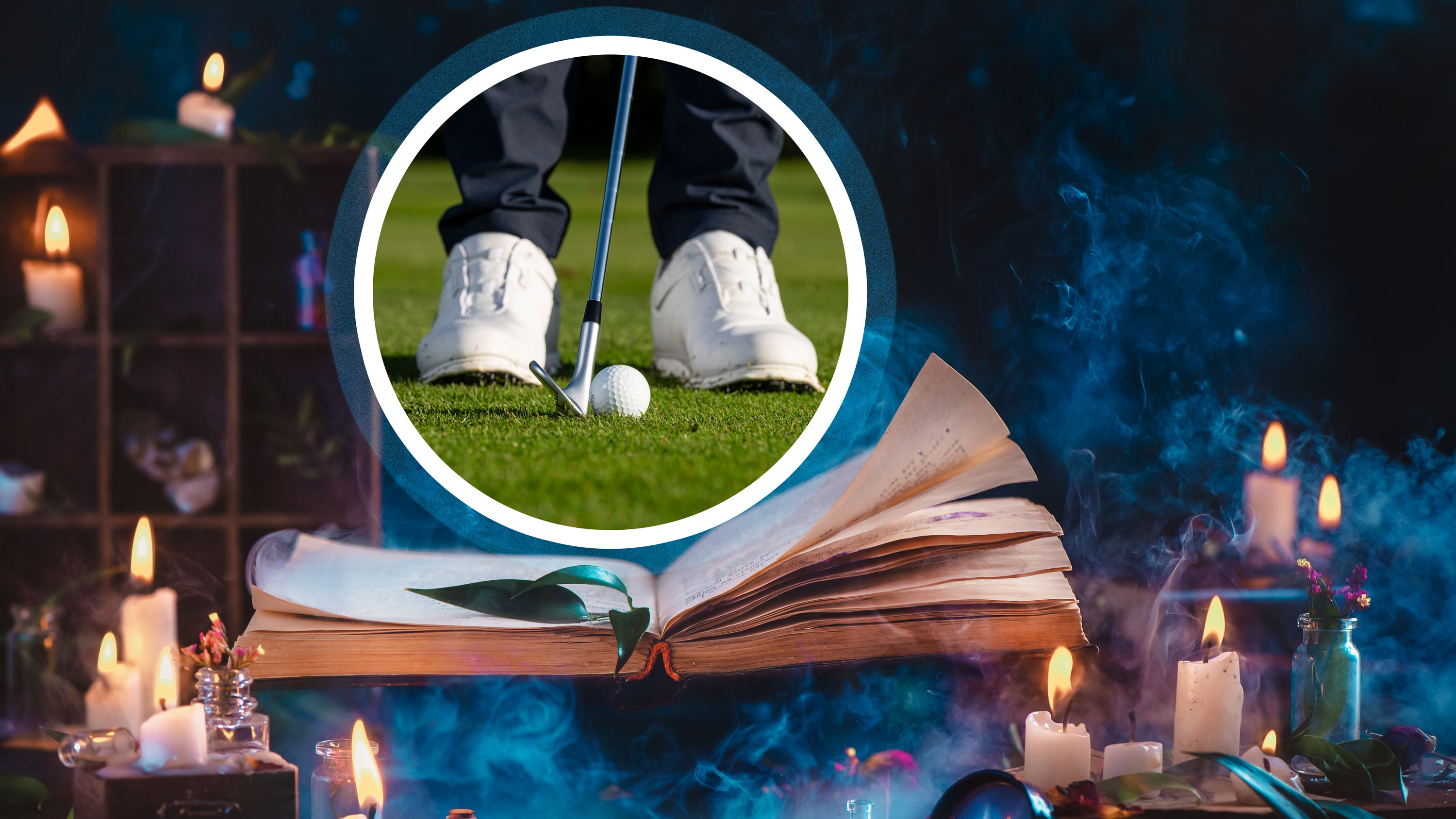 A magical setting, filled with lit candles, a dusty spell book and blue smoke filling the room, with an inset image of a golfer setup to play a chip shot floating in an orb like shape above the spell book as if by magic