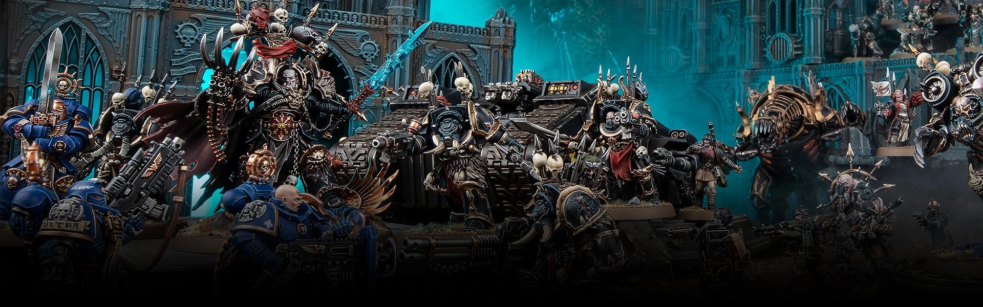 An array of Chaos Space Marines, led by Abaddon the Despoiler, attacks Ultramarines