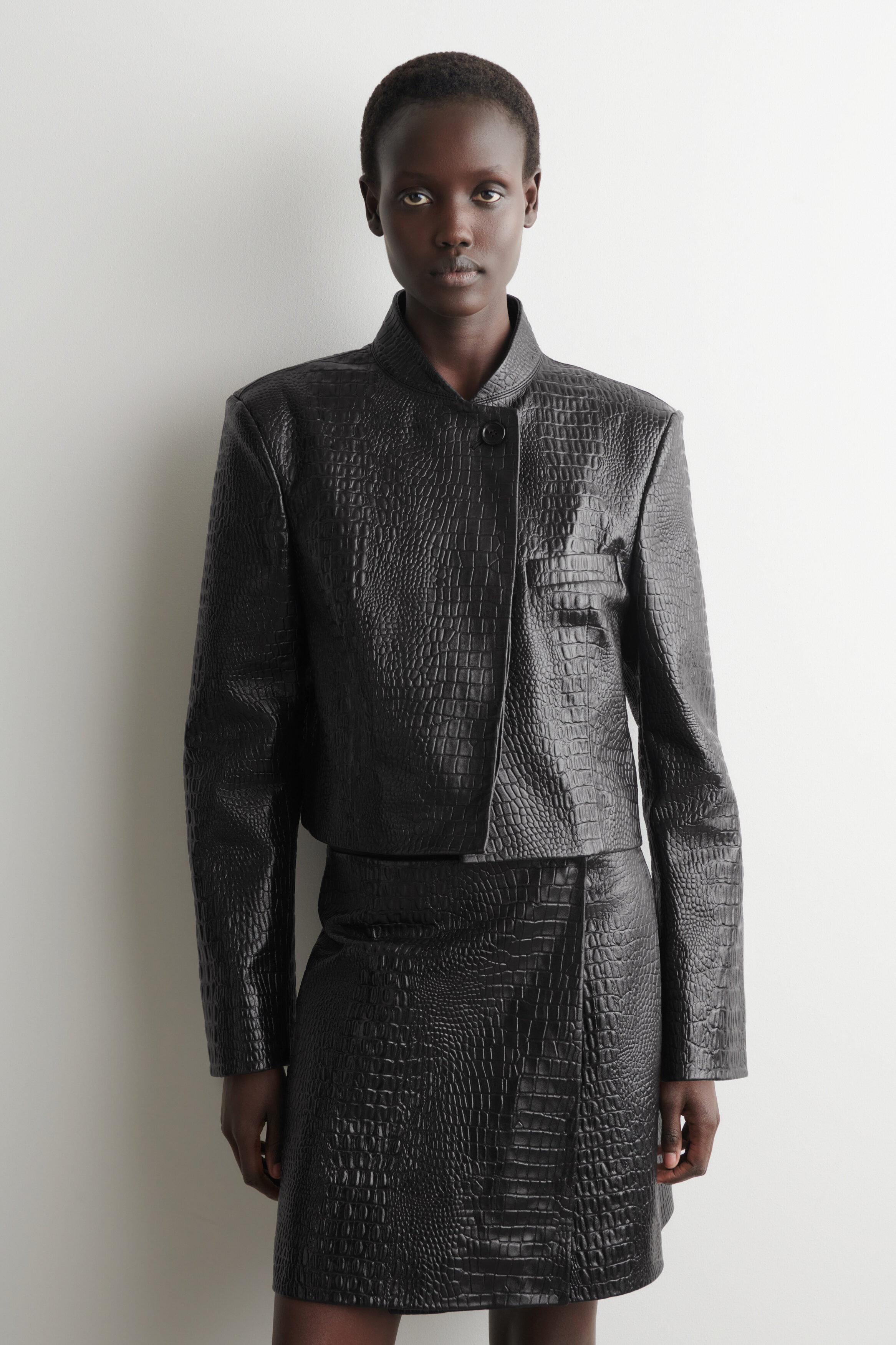 Cropped Croc-Effect Leather Blazer