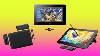 Three drawing tablets on a gradient background illustrating how to choose a drawing tablet