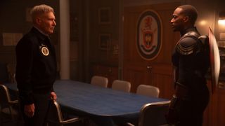 Thaddeus Ross and Sam Wilson stare at each other in a room in the White House in Captain America: Brave New World, one of two remaining Marvel Phase 5 movies