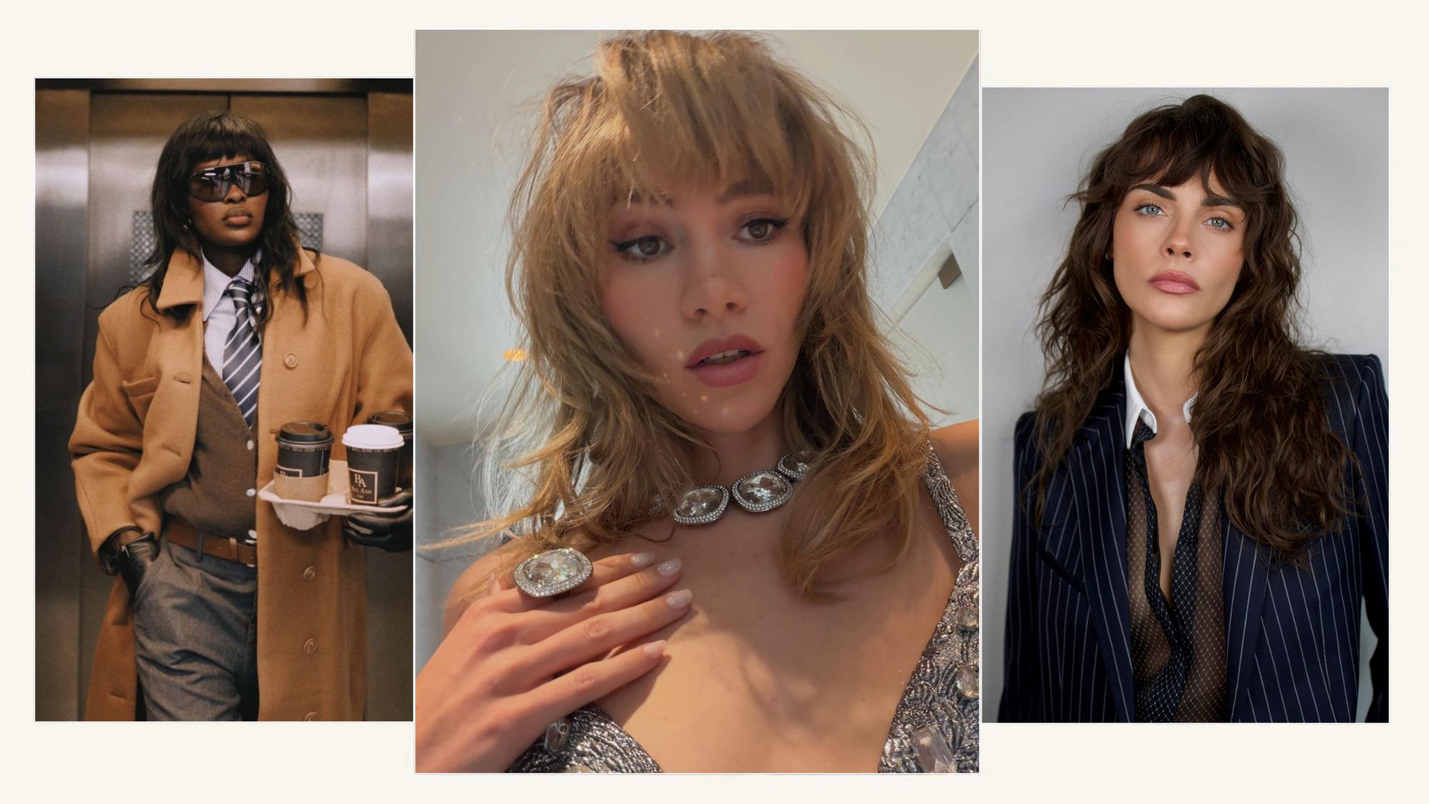 Amy Lefévre, Suki Waterhouse, and Cara Delevingne with different iterations of the wolf cut hairstyle.
