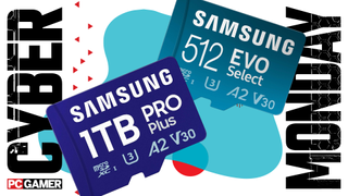 Two microSD cards on a blue Cyber Monday background.