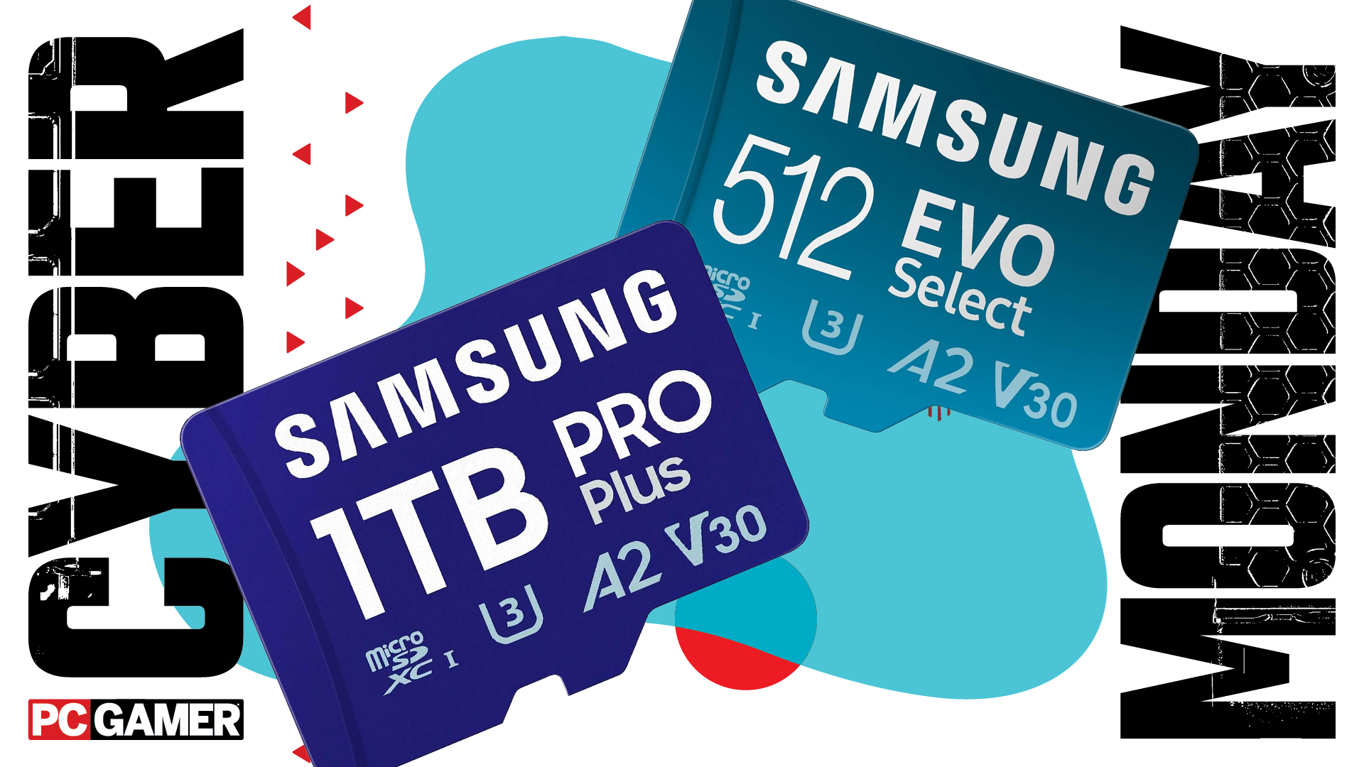 Two microSD cards on a blue Cyber Monday background.