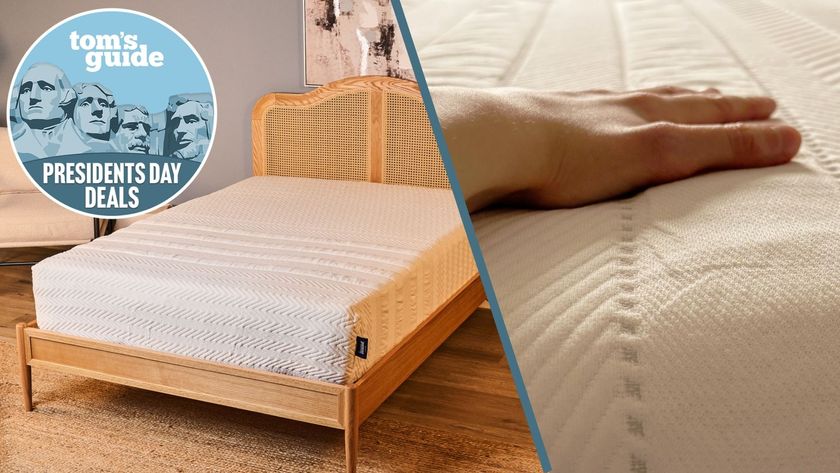 A split screen featuring an image of the Leesa Legend Mattress in a modern bedroom, and a close-up image of a hand feeling the mattress's cover. In the top-left foreground, there is a Presidents' Day sale badge. 