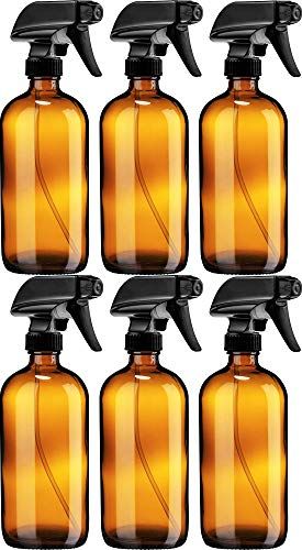 Six Empty Amber Glass Spray Bottles with Black Trigger Sprayer 