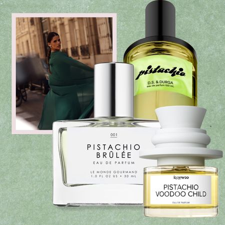 girl in a green dress twirling on the streets in paris next to three different pistachio scented perfumes
