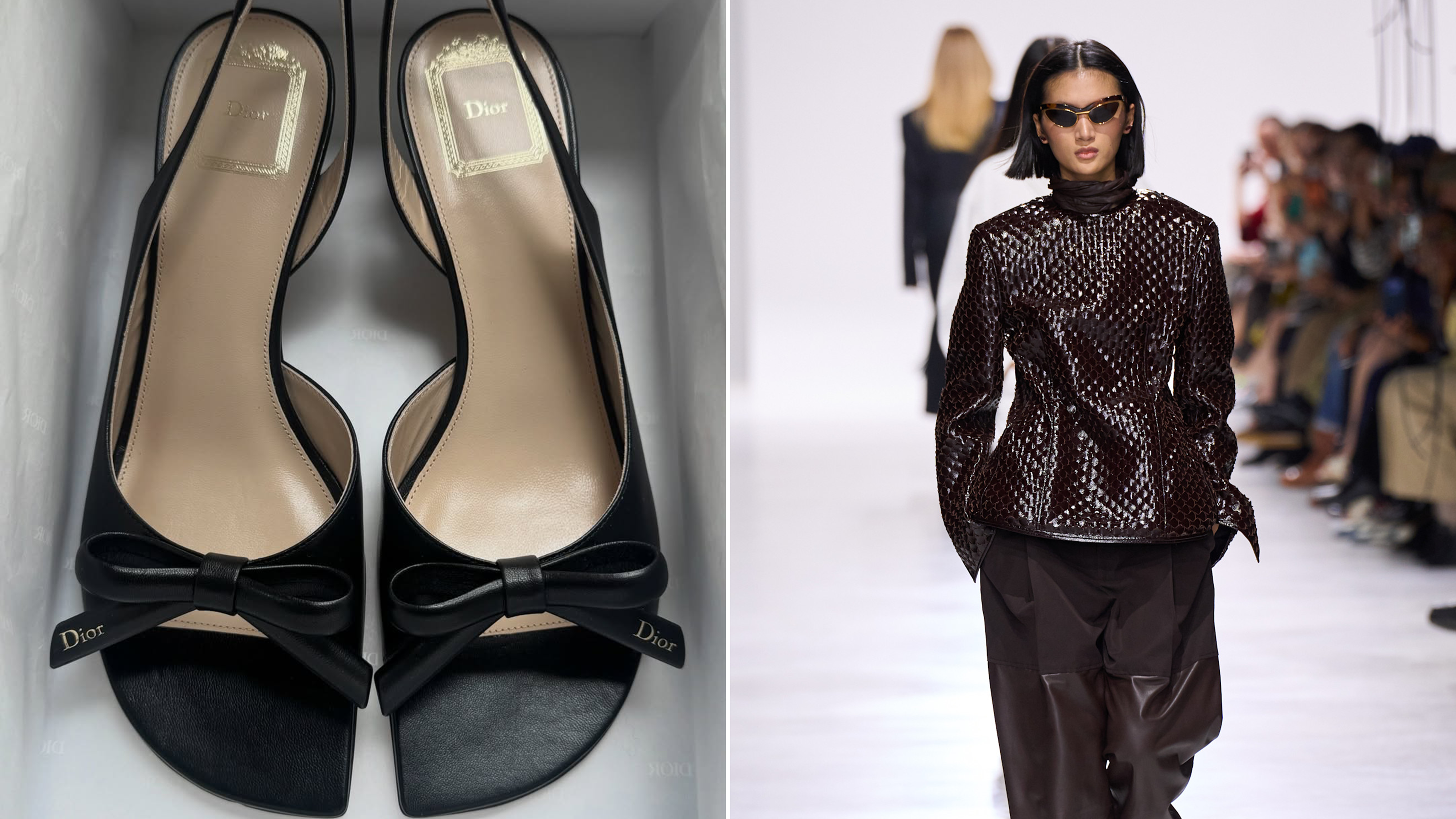 a photo of a pair of black Dior Bow sandals and a runway image from the Bottega Veneta spring/summer 2026 show