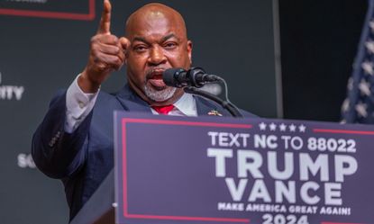 Mark Robinson, Lieutenant Governor of North Carolina and candidate for Governor, delivers remarks prior to Republican presidential nominee Donald Trump on August 14, 2024 in Asheville, North Carolina