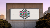 An Ideogram billboard on a concrete building reads “Saving distinction from extinction” around a symmetrical black mark filled with colourful AI-generated imagery.