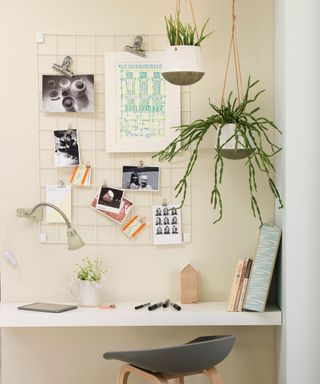 Home office space with white memo board above desk and hanging plants