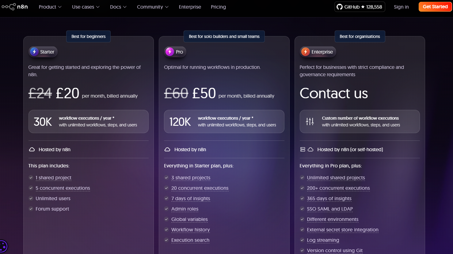 Screen grab for N8N pricing