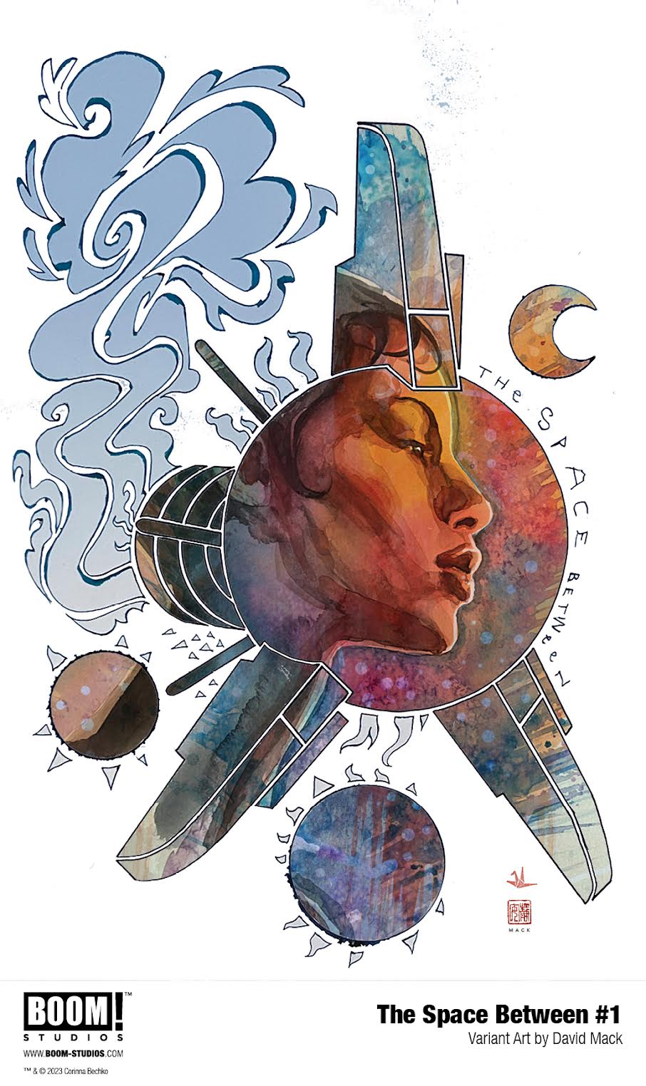 artwork showing a stylized spacecraft with a woman's head filling up most of its interior space cruising against a white background with several planets in it.