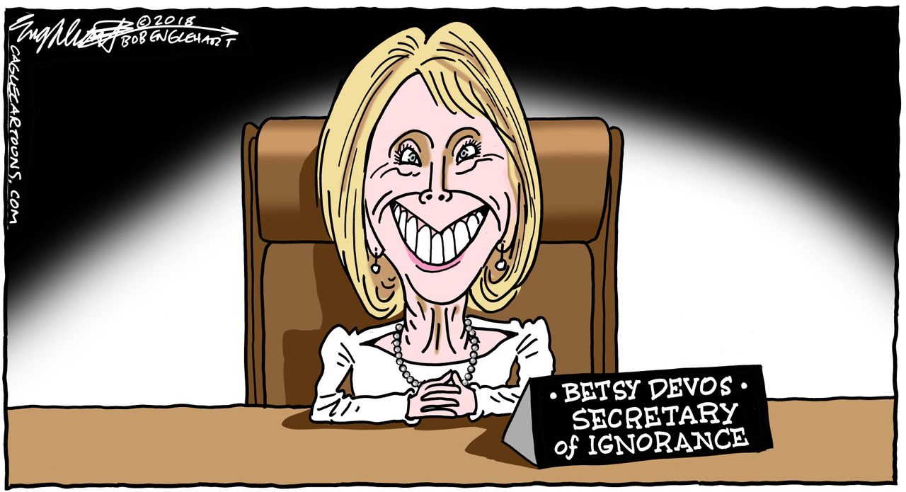 Political cartoon U.S. Betsy Devos 60 Minutes interview