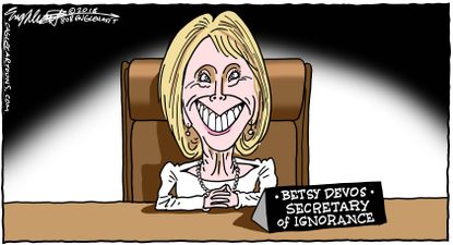Political cartoon U.S. Betsy Devos 60 Minutes interview