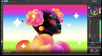 A vibrant digital illustration within the Affinity Designer interface depicting a profile view of a person with dark skin adorned with glowing pink flowers and sparkling stars against a colourful gradient background.