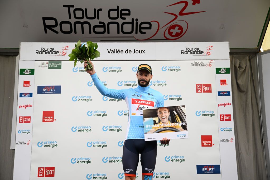 VALLE DE JOUX SWITZERLAND APRIL 26 Julien Bernard of France and Team TrekSegafredo celebrates at podium as Blue mountain jersey winner during the 76th Tour De Romandie 2023 Stage 1 a 1709km stage from Crissier to Valle de Joux 1019m UCIWT on April 26 2023 in Valle de Joux Switzerland Photo by Dario BelingheriGetty Images3