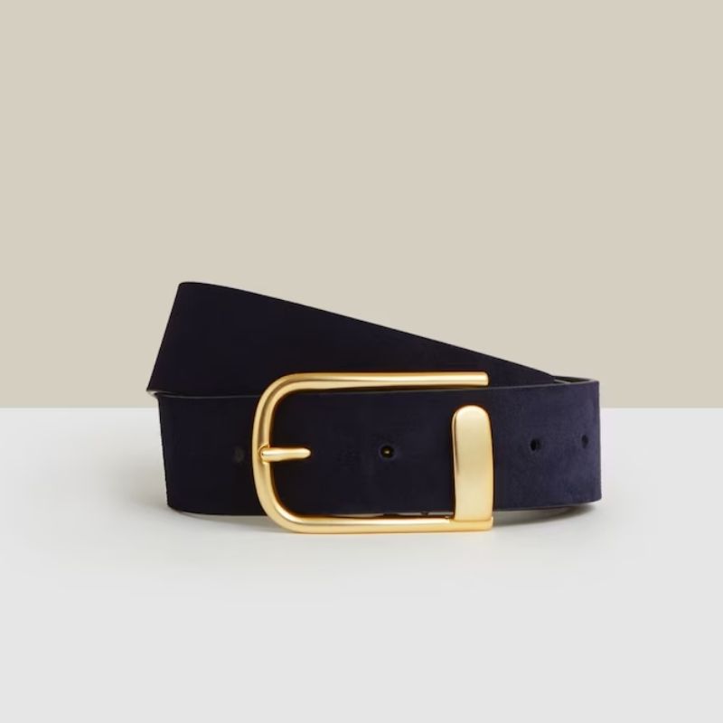 Navy leather belt with gold buckle