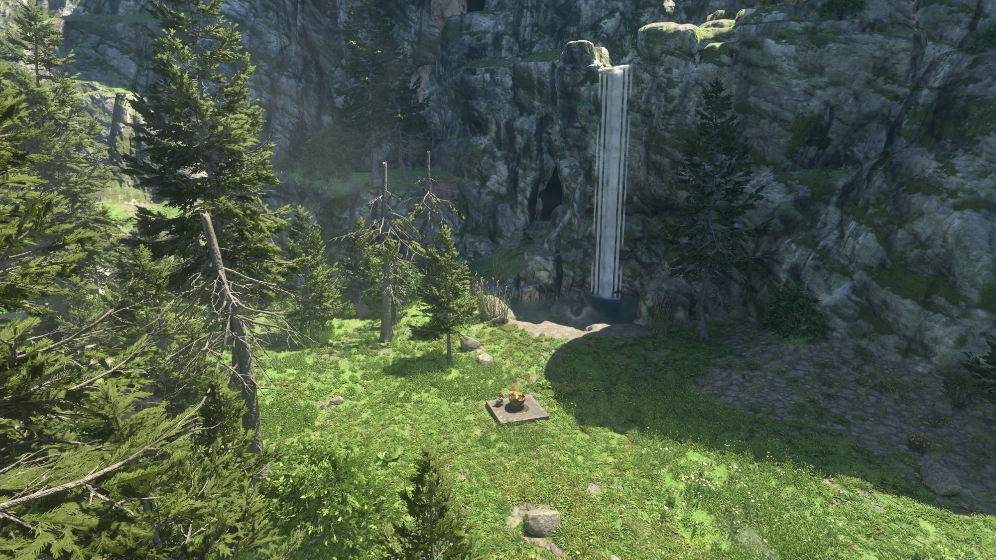 Enshrouded - Pillars of Creation base location with a waterfall on the southern side of the southern pillar