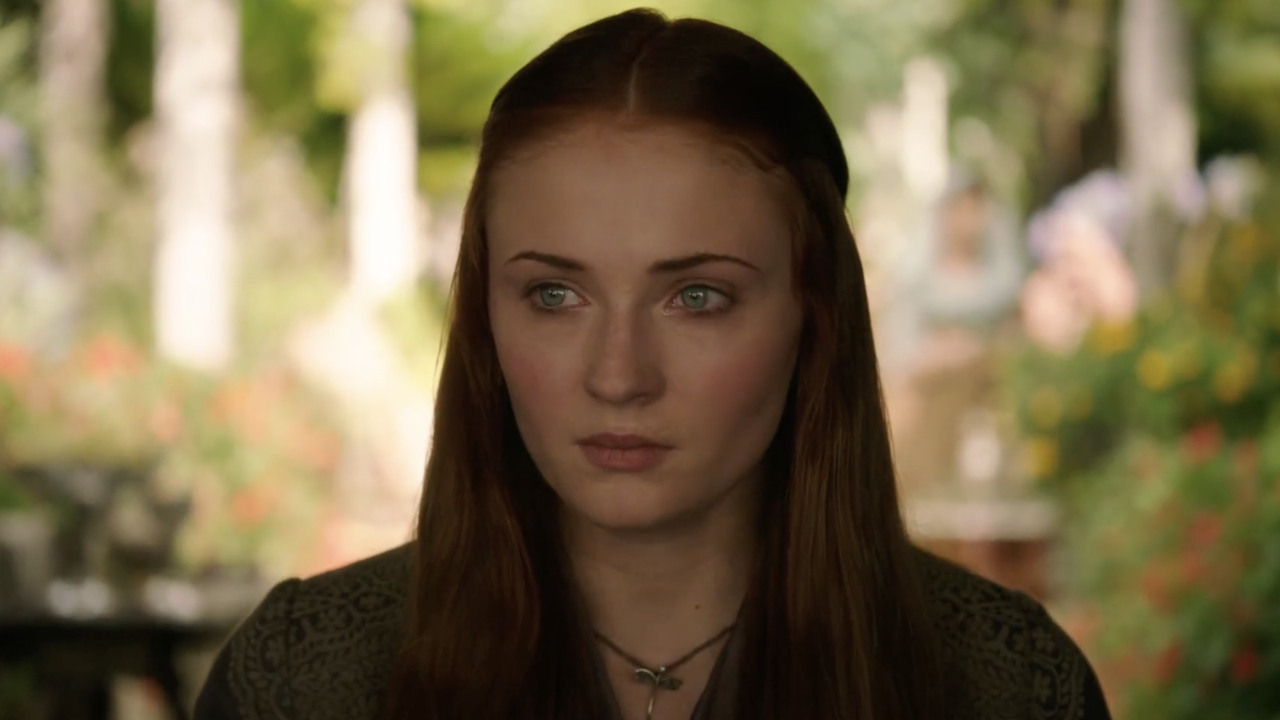 Sansa Stark (Sophie Turner) has a conversation on Game of Thrones.