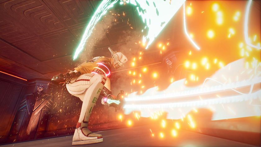 A low shot of Romeo slashing downward with a huge glowing sword in Romeo is a Dead Man