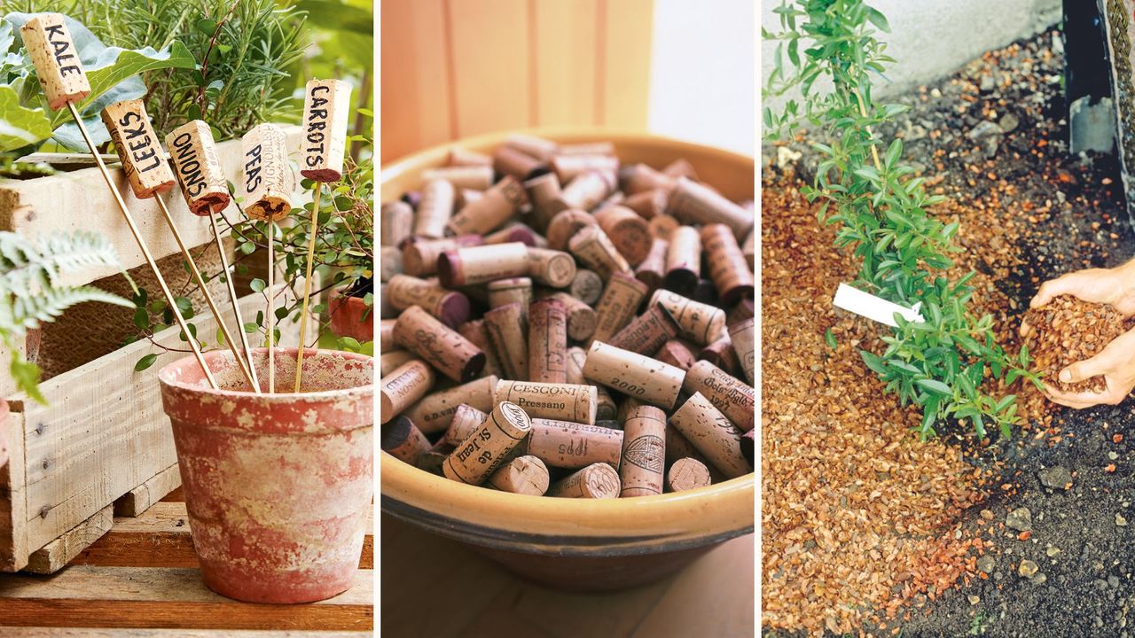 Compilation image showing how to use wine corks in your garden including plant labels and mulch