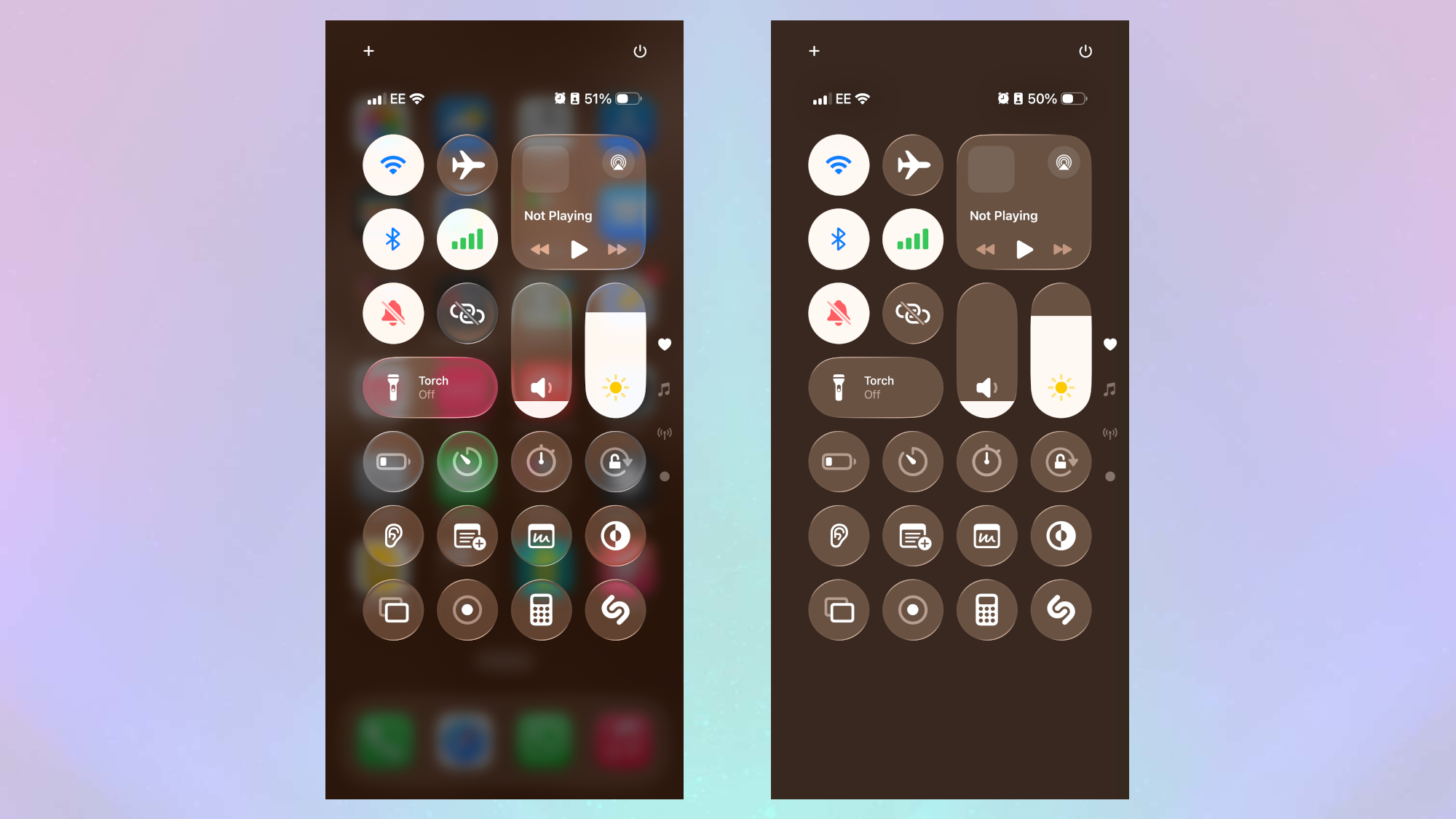 iOS 26 control center with normal transparency (left) and reduced transparency (right)
