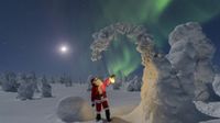 Santa Claus stands admiring snow swept trees as the northern lights dance behind as green curtains of light.