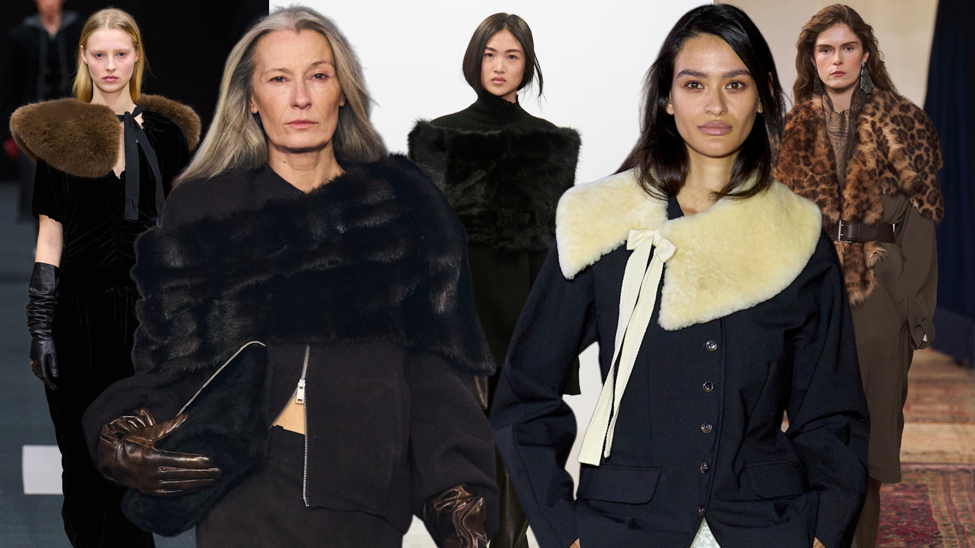 models on runways in copenhagen and new york city wearing rich looking fur collars