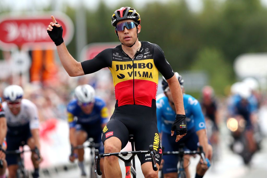 GATESHEAD ENGLAND SEPTEMBER 10 Wout Van Aert of Belgium and Team Jumbo Visma celebrates winning during the 17th Tour of Britain 2021 Stage 6 a 198km stage from Carlisle to Gateshead TourofBritain TourofBritain on September 10 2021 in Gateshead England Photo by Alex LiveseyGetty Images