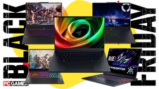 Five OLED gaming laptops on a Black Friday background