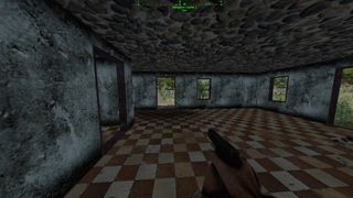 Dagger Directive screenshot of a first-person view with a pistol raised in a room with chequered floors