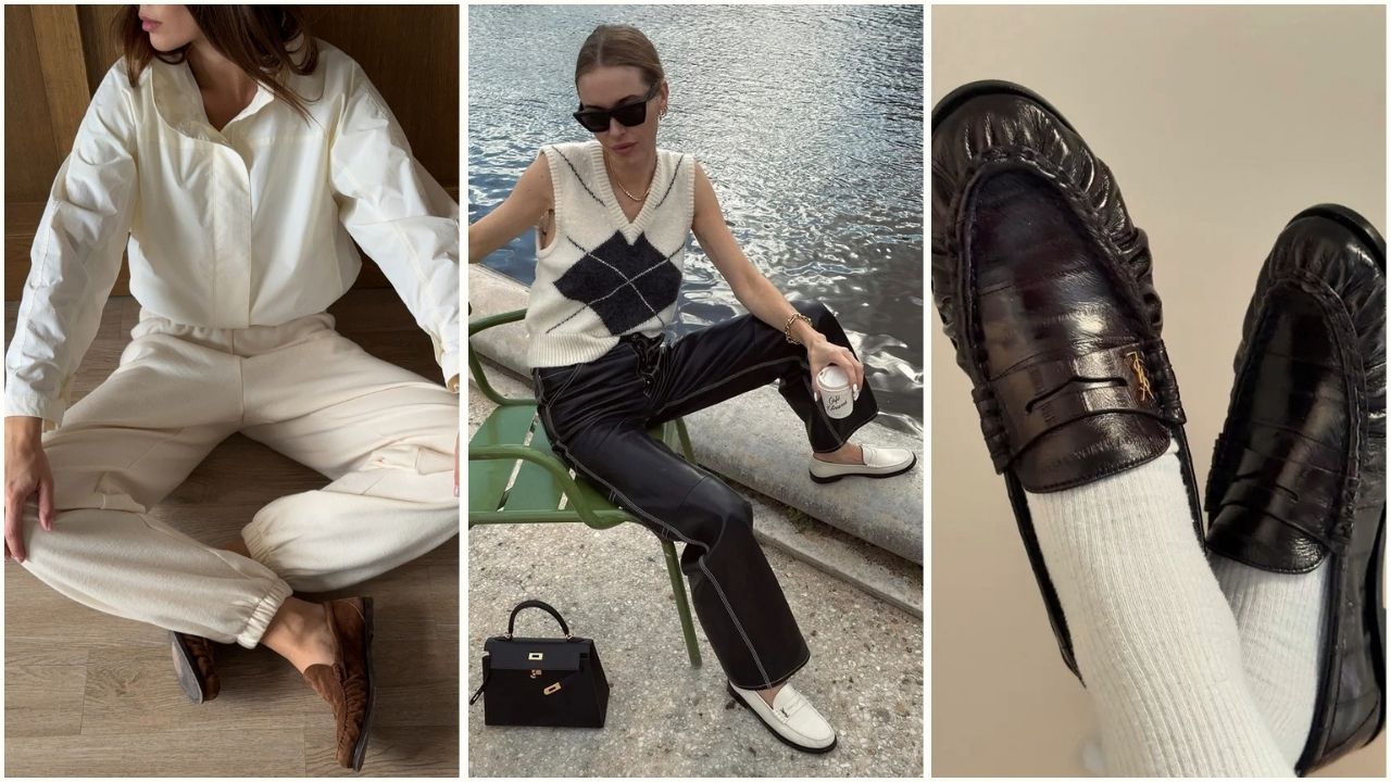 Woman wears white jacket, cream joggers and brown suede loafers; woman wears argyle vest, black jeans and white loafers; woman wears white socks and black ruched loafers