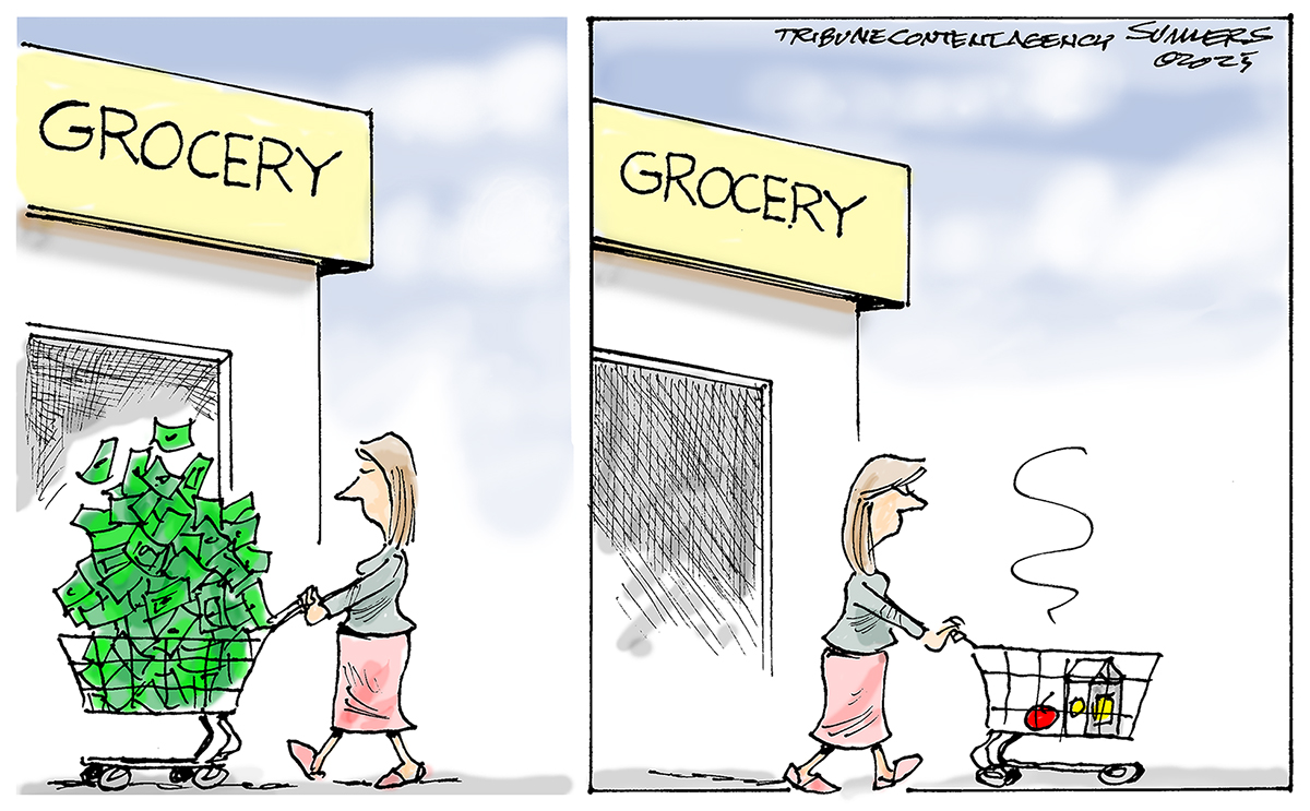 A woman enters the grocery store on the left side of this cartoon. She&amp;rsquo;s pushing a cart overflowing with cash. On the right side, she&amp;rsquo;s exiting the grocery store. Her cash is gone and has been replaced by a nearly empty cart that has only an apple and a cartoon of milk.