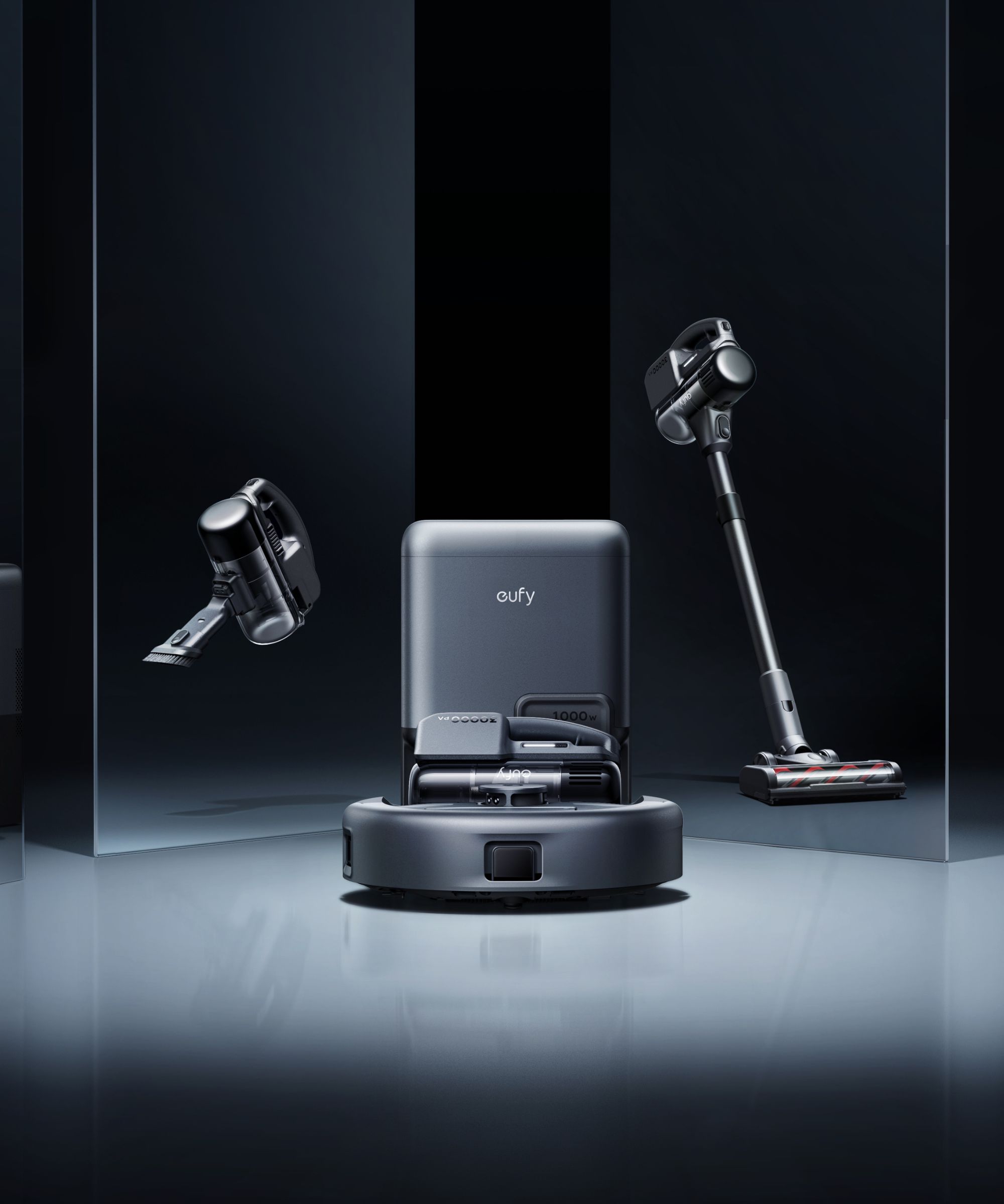 eufy Robot Vacuum 3-in-1 E20 with cordless and handheld next to base station