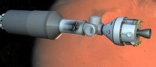 Artist's concept of a manned Mars spacecraft containing a stasis habitat for hibernating astronauts (in tubes at center).