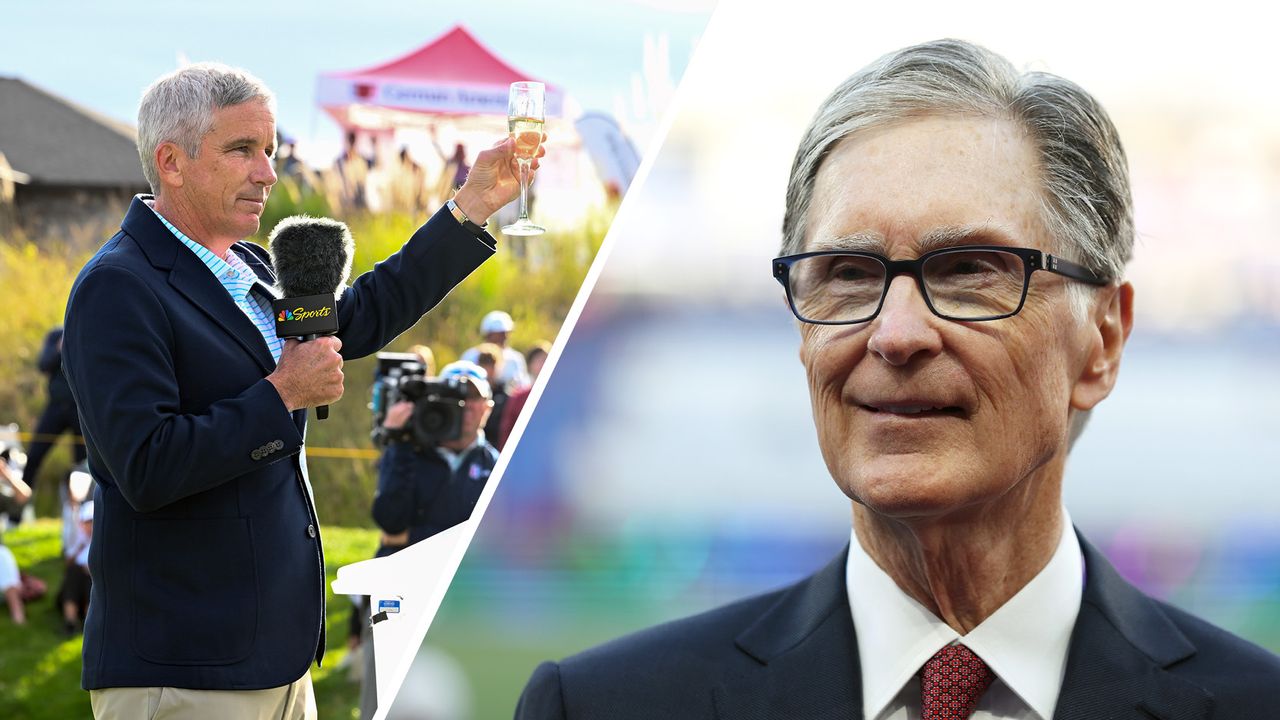 A split screen image of PGA Tour commissioner Jay Monahan (left) and Liverpool owner and Fenway Sports Group founder John W Henry