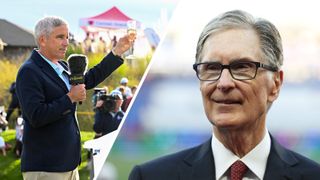 A split screen image of PGA Tour commissioner Jay Monahan (left) and Liverpool owner and Fenway Sports Group founder John W Henry