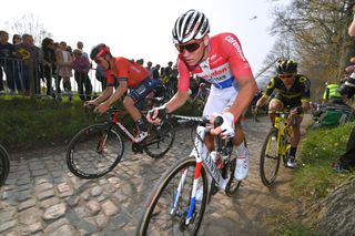 Dutch road race champion Mathieu van der Poel fights his way back to the front after a crash at the 2019 Tour of Flanders