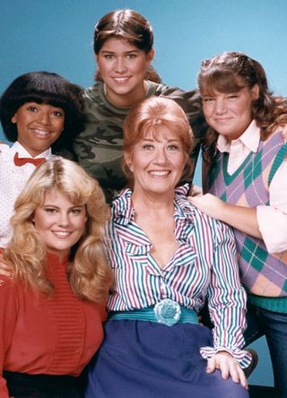 Nancy McKeon as Joanna 'Jo' Marie Polniaczek Bonner, Mindy Cohn as Natalie Letisha Sage Green, Charlotte Rae as Mrs. Edna Ann Garrett, Lisa Whelchel as Blair Warner, Kim Fields as Dorothy 'Tootie' Ramsey in The Facts of Life